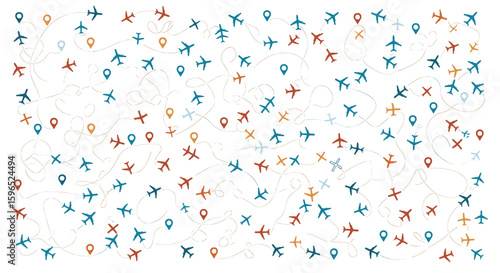 A vibrant tapestry of air travel routes and global destinations depicted by aircraft and location pins