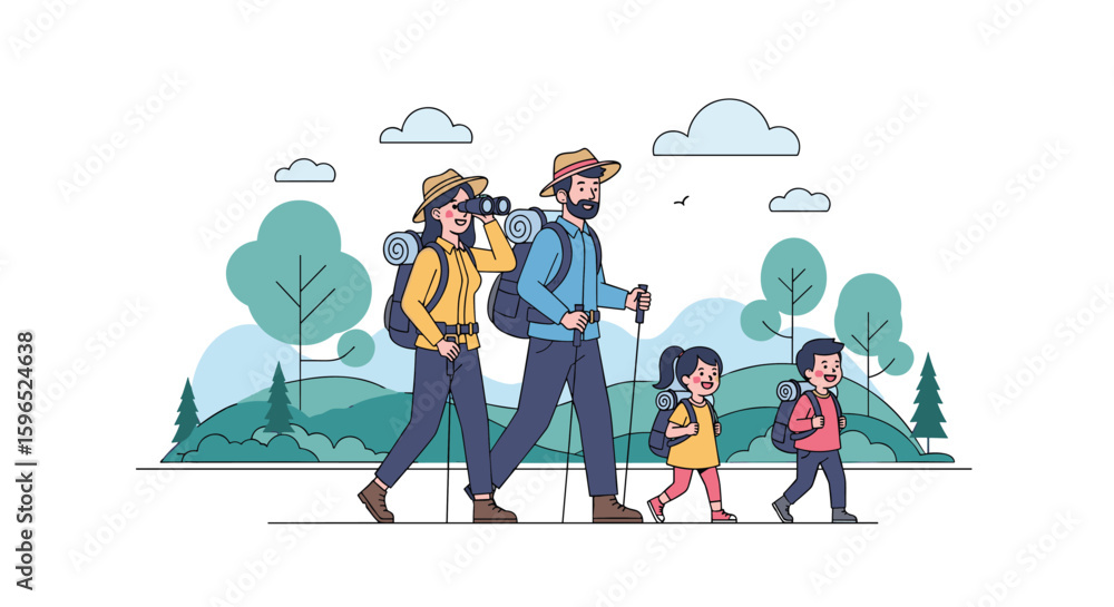 Family hiking adventure through scenic mountain trails enjoying nature and outdoors Family hiking adventure through scenic mountain trails enjoying nature and outdoors