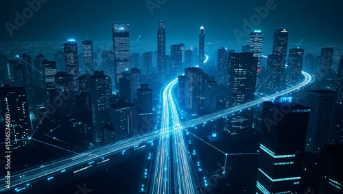 Fototapeta Naklejka Na Ścianę i Meble -  A futuristic city at night with illuminated highways and connected skyscrapers, glowing in blue.