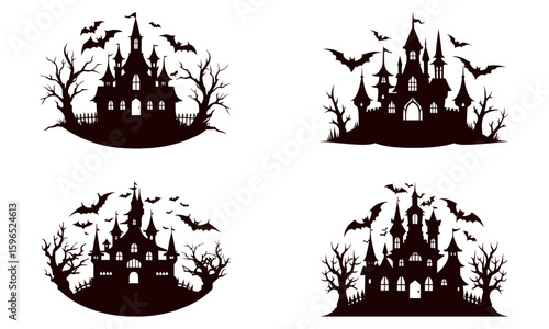 Halloween House and Haunted Castle Silhouette Vector Set
