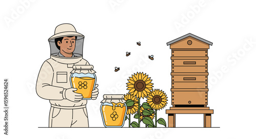 Beekeeper collects fresh honey from honeycomb next to blooming sunflowers in apiary