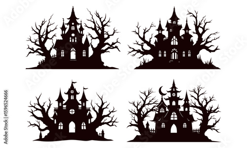 Halloween House and Haunted Castle Silhouette Vector Set