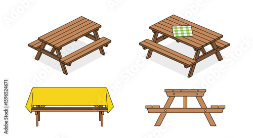 Outdoor wooden picnic table designs with benches and tablecloth variations