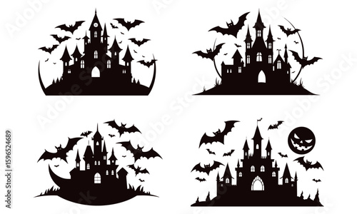 Halloween House and Haunted Castle Silhouette Vector Set