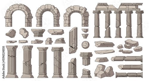 Collection of ancient greek roman architectural elements ruins and fragments isolated on white background