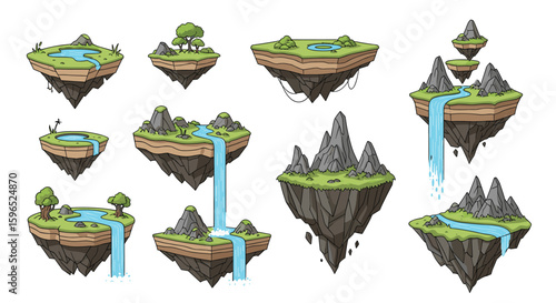 Collection of pixel art floating islands with waterfalls and lush greenery for game design