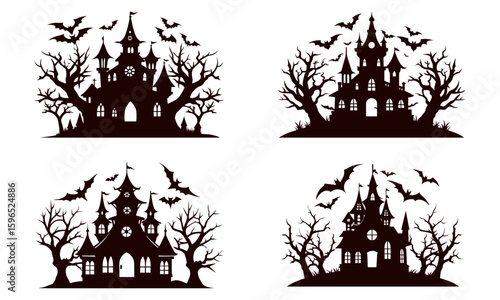 Spooky Halloween Haunted House Silhouette Collection – Vector Art Set