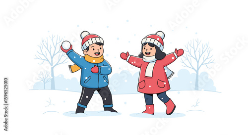 Children enjoying a joyful snowball fight in a winter wonderland scene