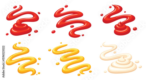 Artistic swirls of condiments ketchup mustard and mayonnaise sauces for culinary applications