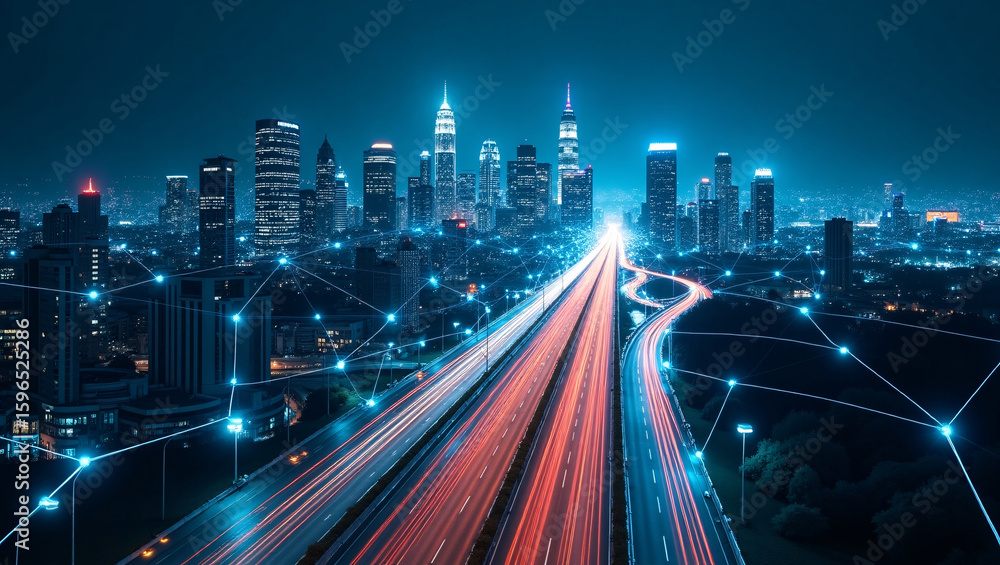 Fototapeta premium A futuristic city at night with illuminated highways, skyscrapers, and connected blue lights forming a network.