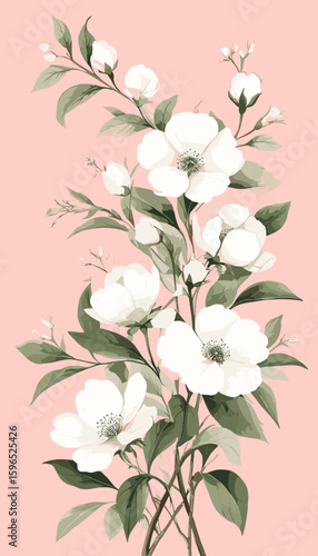 Minimalist white flowers with green leaves on soft pink watercolor poster