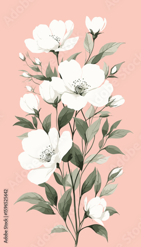 Minimalist white flowers with green leaves on soft pink watercolor poster