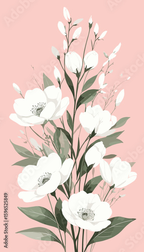 Minimalist white flowers with green leaves on soft pink watercolor poster