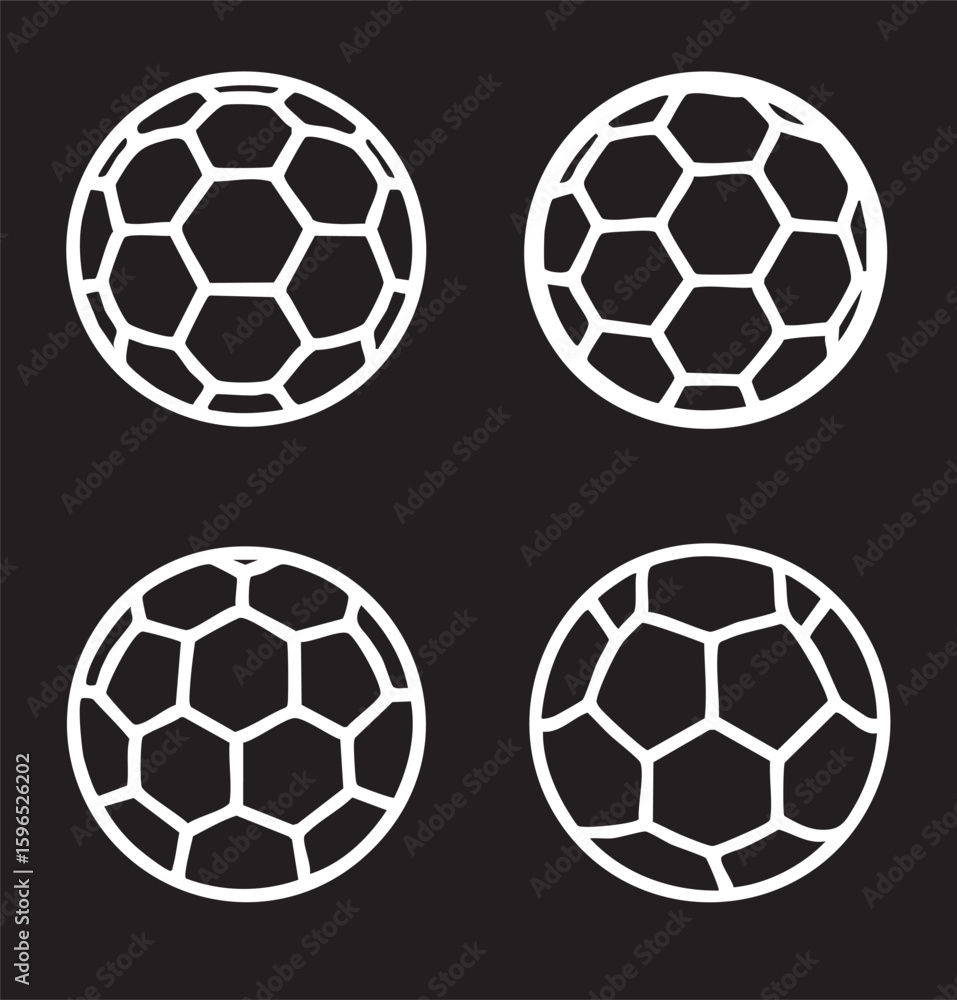 Fototapeta premium Four white soccer balls with hexagonal patterns on a black background