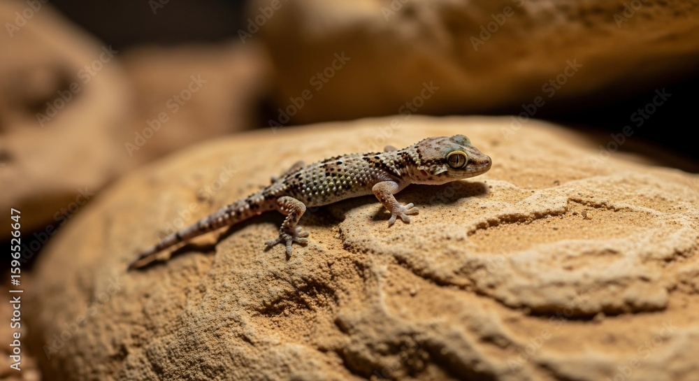 Obraz premium Juvenile Leopard Gecko on Textured Rock Surface, Close-Up Detail