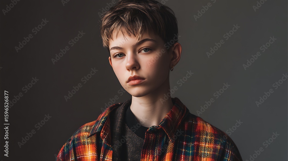 Fototapeta premium teen with short hair and stylish neutral-gender fashion, minimal yet edgy look, serious facial expression, soft studio lighting, diversity and individuality photography 