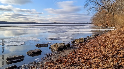 Wallpaper Mural Partially frozen riverbank with rocks, ice, and fallen leaves under a partly cloudy sky Torontodigital.ca