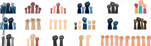 Diverse Unity, Raised Fists Solidarity Vector Collection.