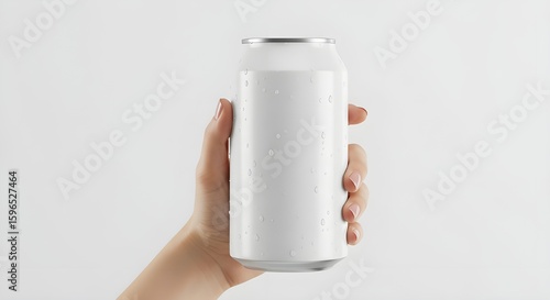 Photorealistic aluminum beverage can mockup with blank design, no text or branding, held by a female hand, front view, isolated on white background