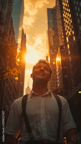 Young man in white shirt with suspenders stands confidently in urban street, surrounded by towering buildings, as sunset casts warm glow, creating a vibrant city atmosphere