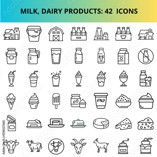 Milk and dairy products icon set with various containers and items  