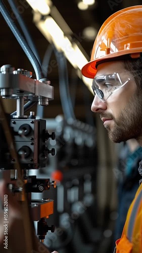 Male construction worker wearing an orange hard hat and safety glasses, focused on machinery in a workshop, showcasing dedication to safety and precision in industrial settings