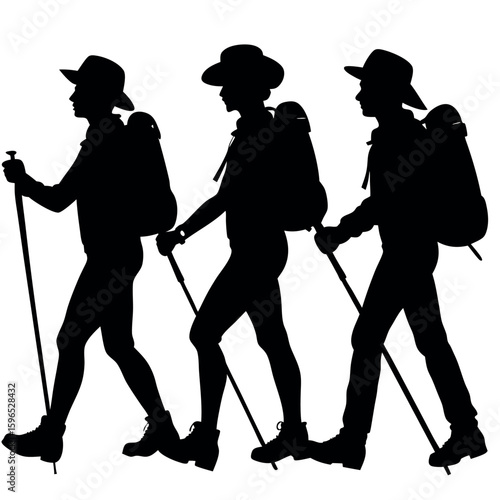 Three hikers with backpacks and trekking poles walking together