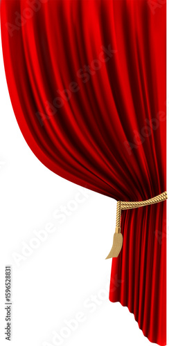 Red velvet curtain slightly open on white background with golden rope, creating a sense of anticipation and elegance, perfect for entertainment or theater related themes