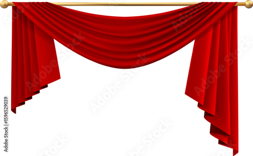 Red curtain hanging gracefully on a golden rod, creating an elegant frame against a pristine white background, ideal for enhancing presentations, announcements, or special events