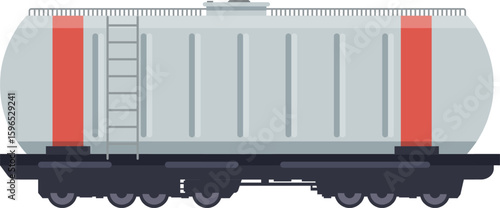 Modern railroad tank car designed for carrying liquids such as fuel, oil, or other hazardous materials, featuring a large cylindrical tank, safety markings, and a sturdy chassis