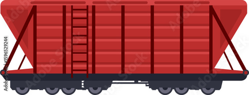 Red hopper railcar standing on railway tracks, featuring open doors at each end, designed for efficient bulk material transportation across long distances