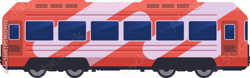 Red train wagon with large windows and stylized livery is waiting for departure at the station, offering comfortable and efficient public transport