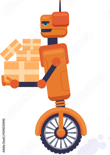 Orange robot riding a unicycle while balancing carefully on one motorized wheel, delivering packages on a hand trolley, exemplifying innovation in automated logistics and transportation
