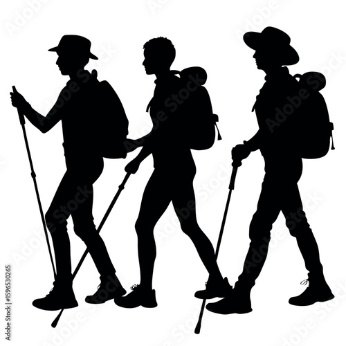 Three hikers with backpacks and trekking poles walking together