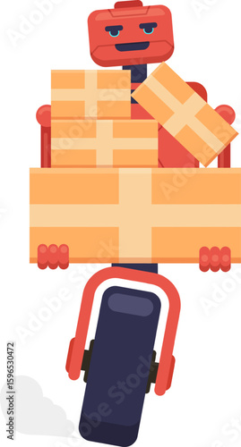 Red smiling delivery robot riding monowheel carrying packages, delivering fast orders, artificial intelligence helping with logistics and transport, modern shipping and distribution technology