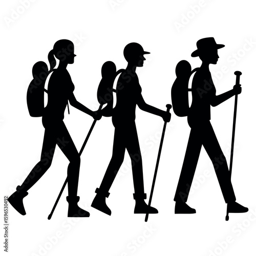 Three hikers with backpacks and trekking poles walking together