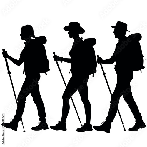Three hikers with backpacks and trekking poles walking together