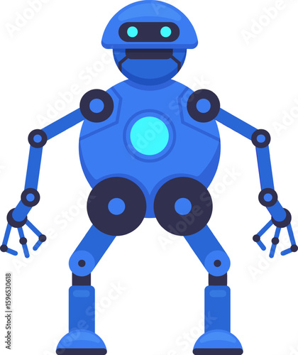 Friendly blue robot standing with arms outstretched, artificial intelligence concept, futuristic design, automation and robotics technology