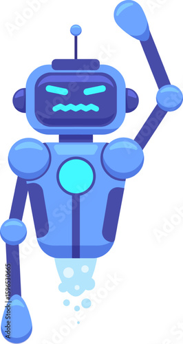 Angry blue robot with an antenna is raising its arm and flying with propulsion, expressing its discontent and disapproval through its facial expression