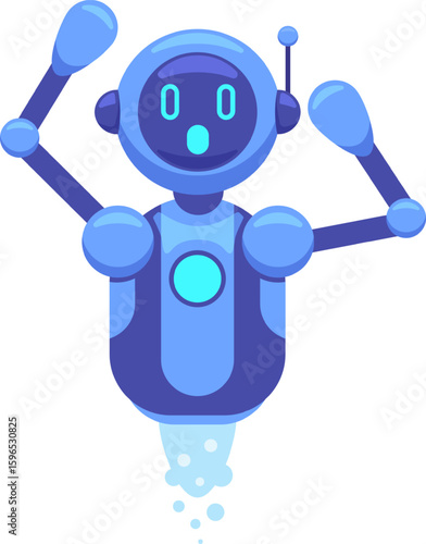 Surprised floating robot with arms raised, propelling through the air using a jetpack, showcasing a sense of amazement and embodying futuristic technology and innovation