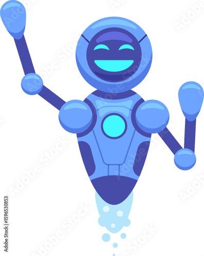 Cartoon illustration of a cheerful blue robot waving and flying propelled by boosters, embodying the concept of friendly and helpful artificial intelligence