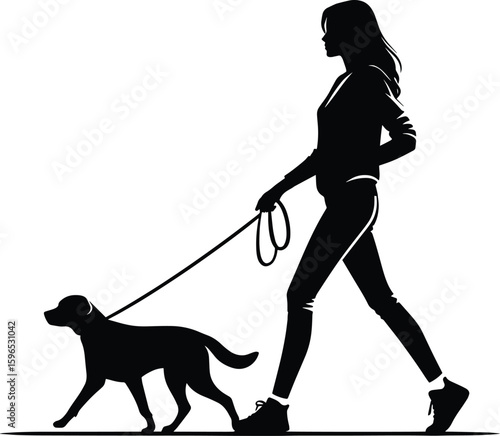 A girl in a casual dress walking his dog silhouette Vector Illustration isolated on a white background