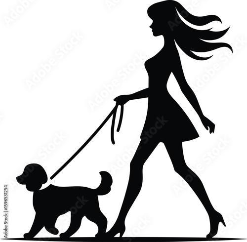 A girl in a casual dress walking his dog silhouette Vector Illustration isolated on a white background