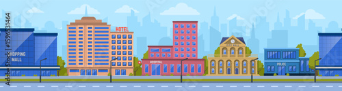 Panoramic view capturing a vibrant city street with essential buildings like a shopping mall, hotel, hospital, city hall, and police station, highlighting urban life