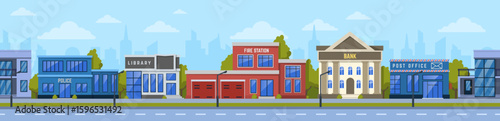 Urban landscape with important municipal buildings providing essential services to citizens, promoting safety, knowledge, emergency response, financial stability, and communication