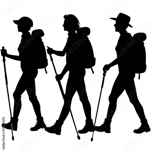Three hikers with backpacks and trekking poles walking together