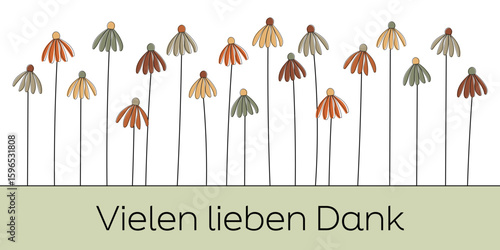 Vielen lieben Dank - Schriftzug in deutscher Sprache. Banner mit bunten Herbstblumen.