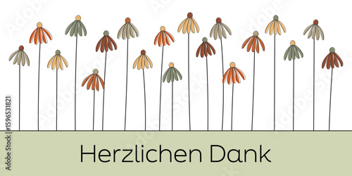 Herzlichen Dank - Schriftzug in deutscher Sprache. Banner mit bunten Herbstblumen.