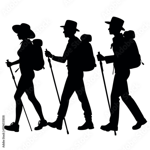 Three hikers with backpacks and trekking poles walking together