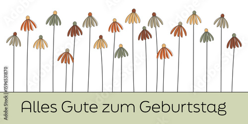Alles Gute zum Geburtstag - Schriftzug in deutscher Sprache. Banner mit bunten Herbstblumen.